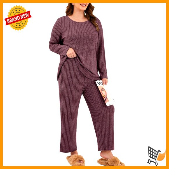 Oversized Ribbed Lounge Set Long Sleeve Top Wide Leg Pants Pockets